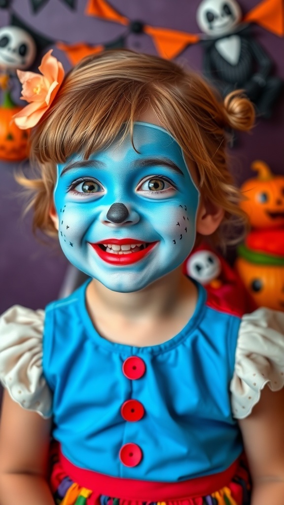 A child in Sally makeup with blue face paint, stitched patterns, and red lips, dressed in a colorful outfit.